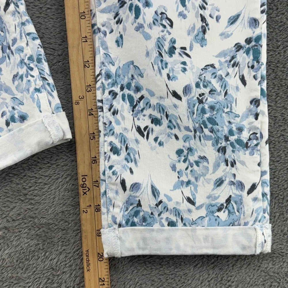 NYDJ Petite Floral Print Cropped Pants Size 8P‎ White Blue Slim Leg